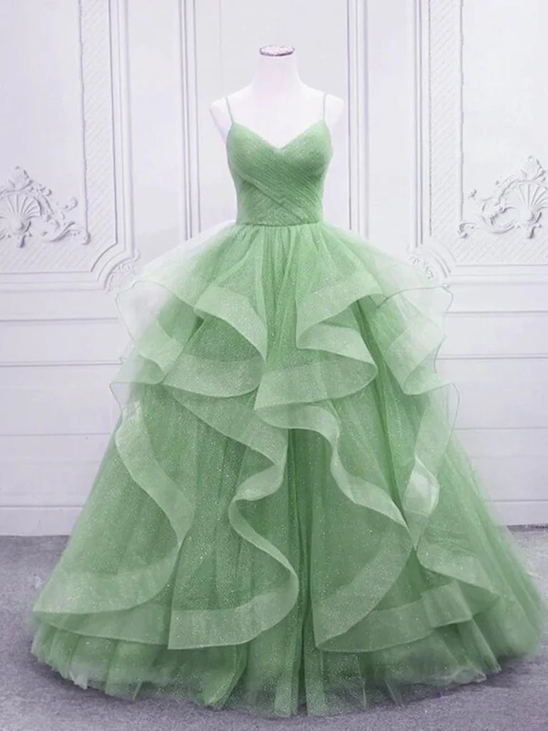 Elegant V-neck open back A-line long prom dress in tulle fabric.