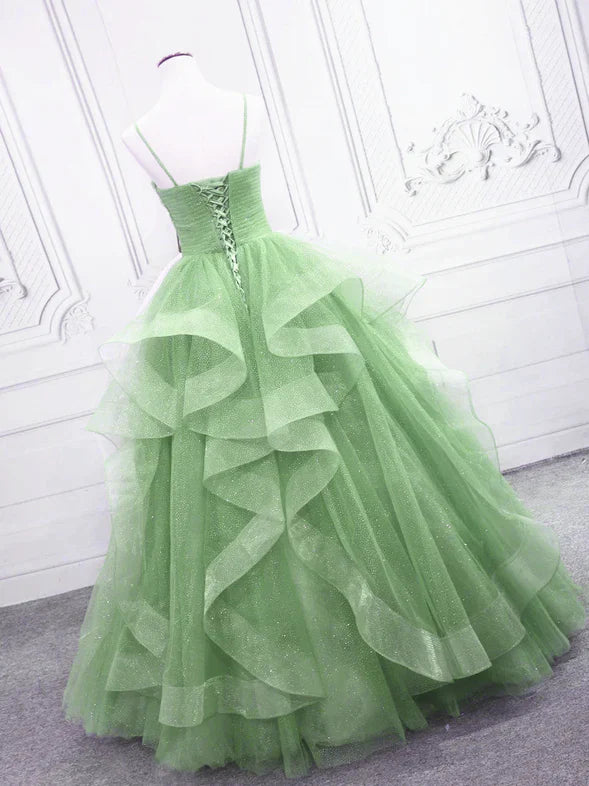 Full view of the elegant V-neck open back tulle A-line long prom dress.