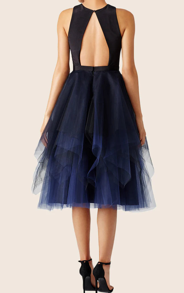 Back view of an elegant tulle satin formal gown with an open back.