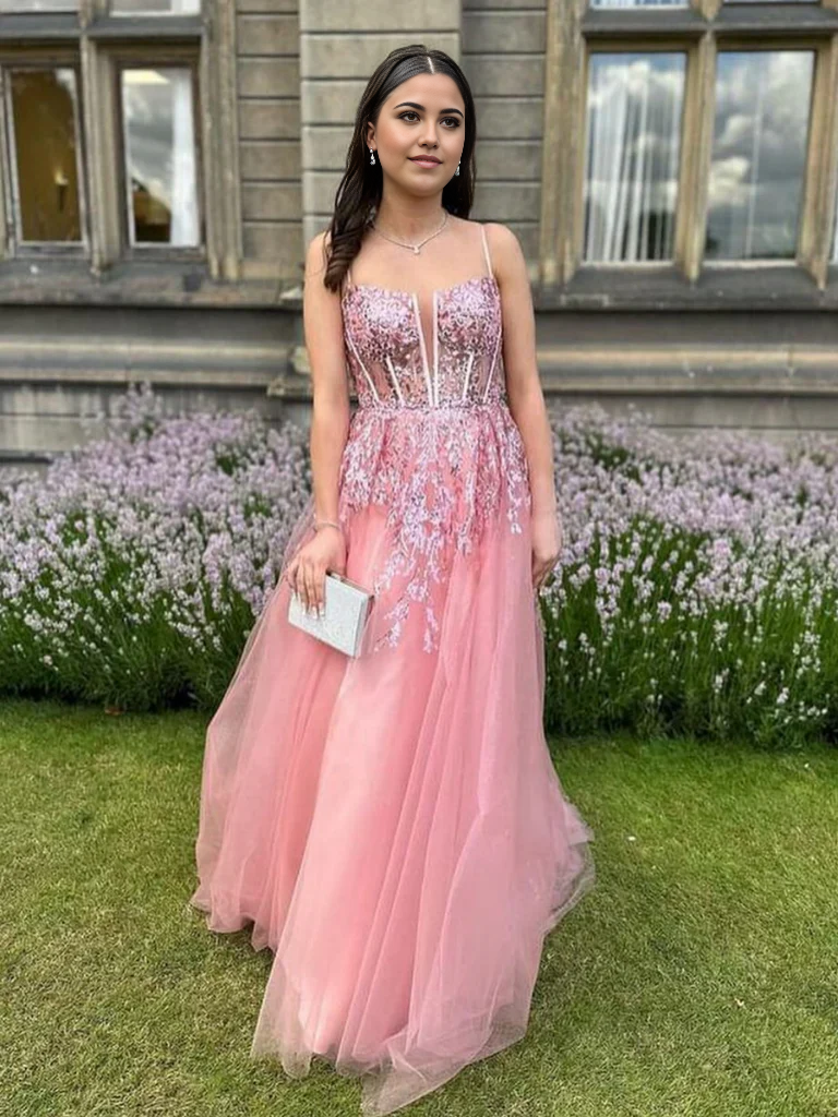 Elegant A-line V-neck pink lace long prom dress.