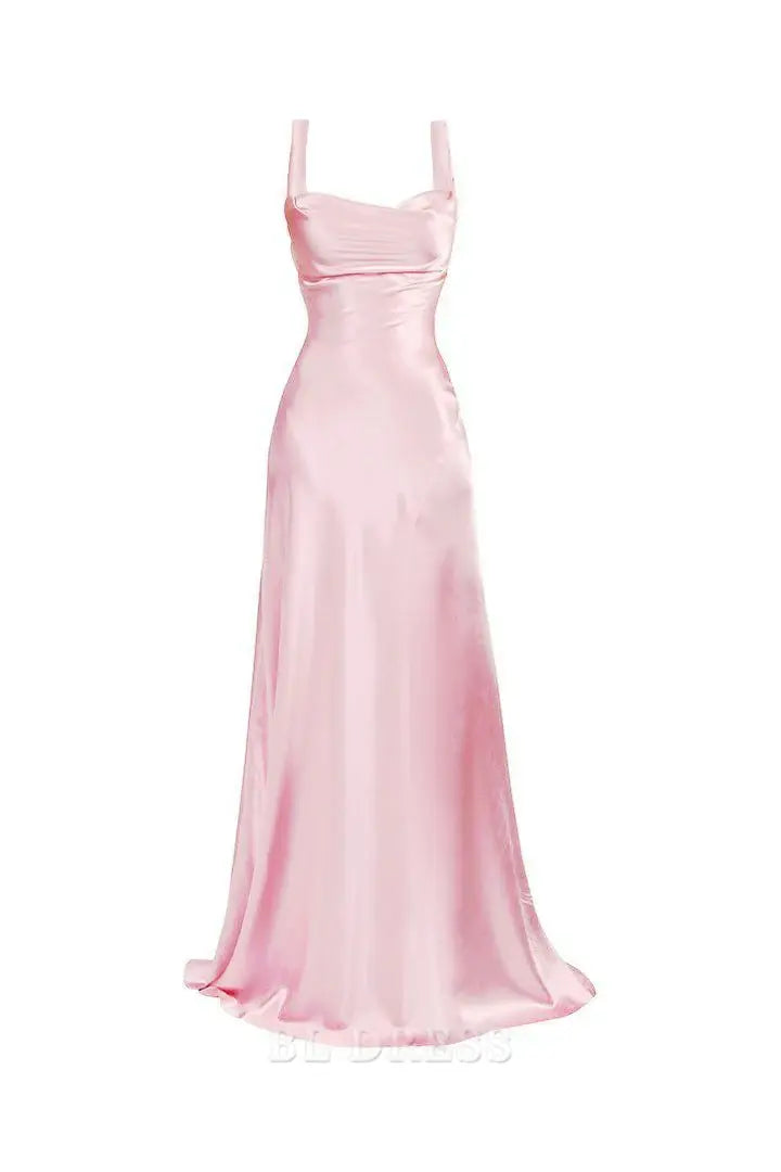 Elegant pink satin A-line V-neck formal dress on a model.