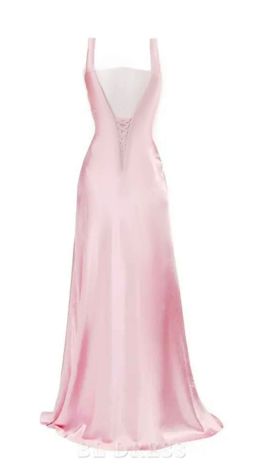 Close-up of the pink satin fabric and V-neckline of the A-line dress.