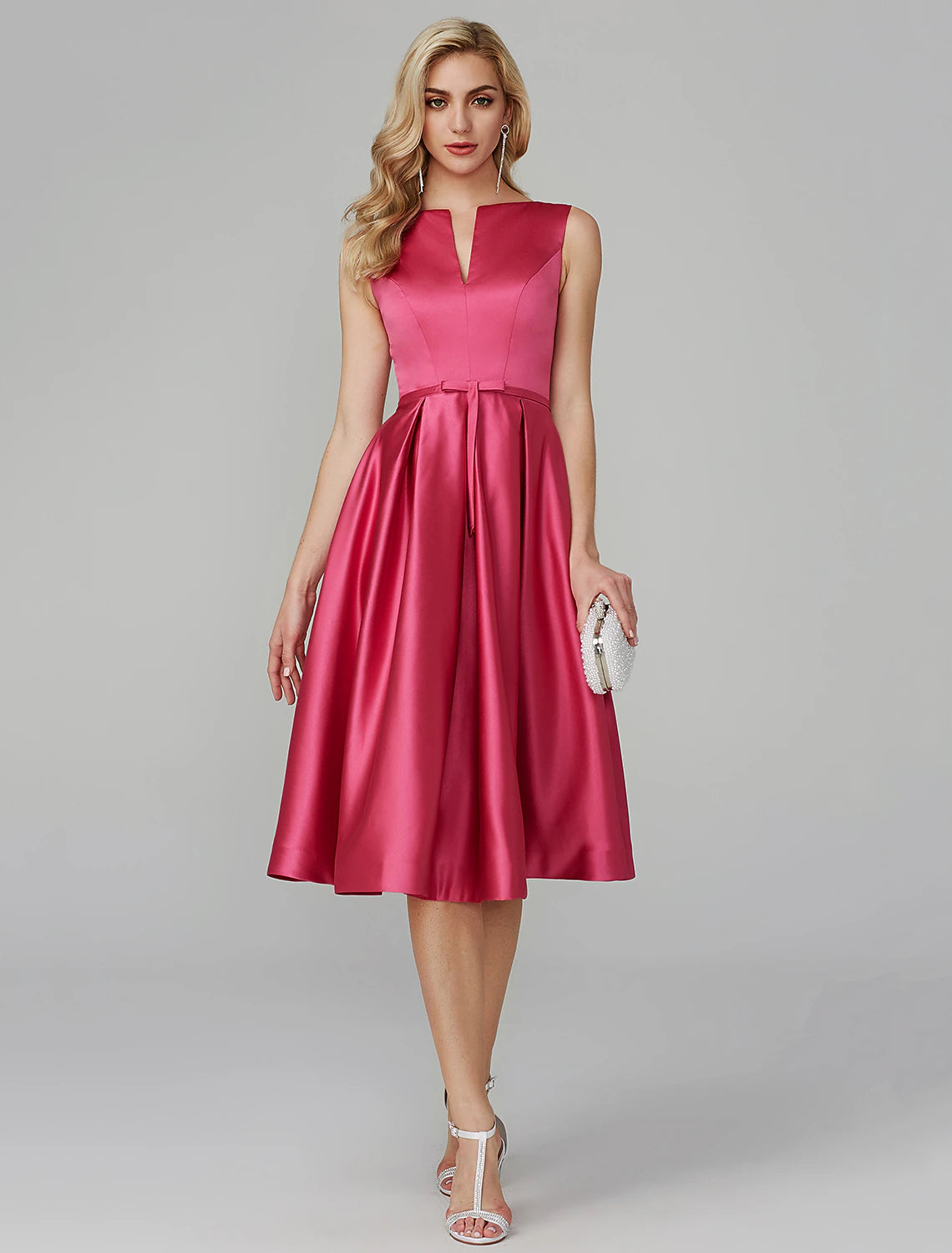 Elegant pink satin A-line dress with V-neck and sash.