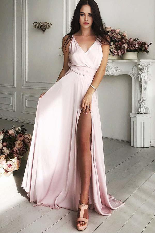 Pink satin A-line prom dress with V-neck, sweep train, and high split.