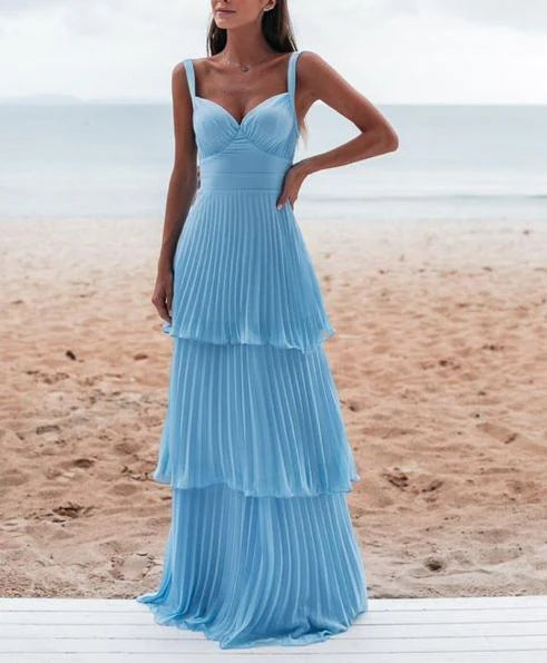 Front view of a blue A-line pleated V-neck formal dress.
