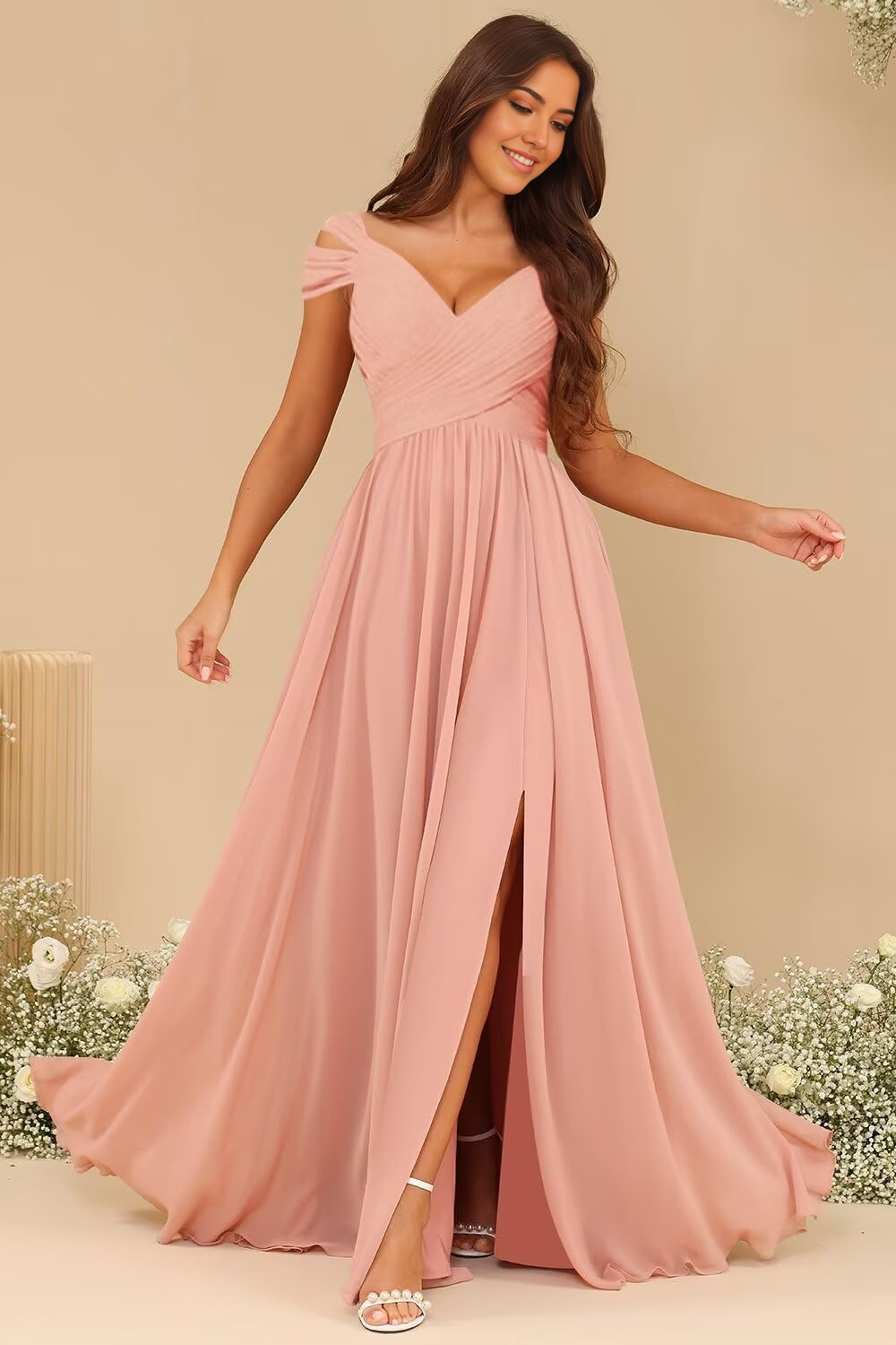 Model wearing a black A-line V-neck formal dress with a side slit.