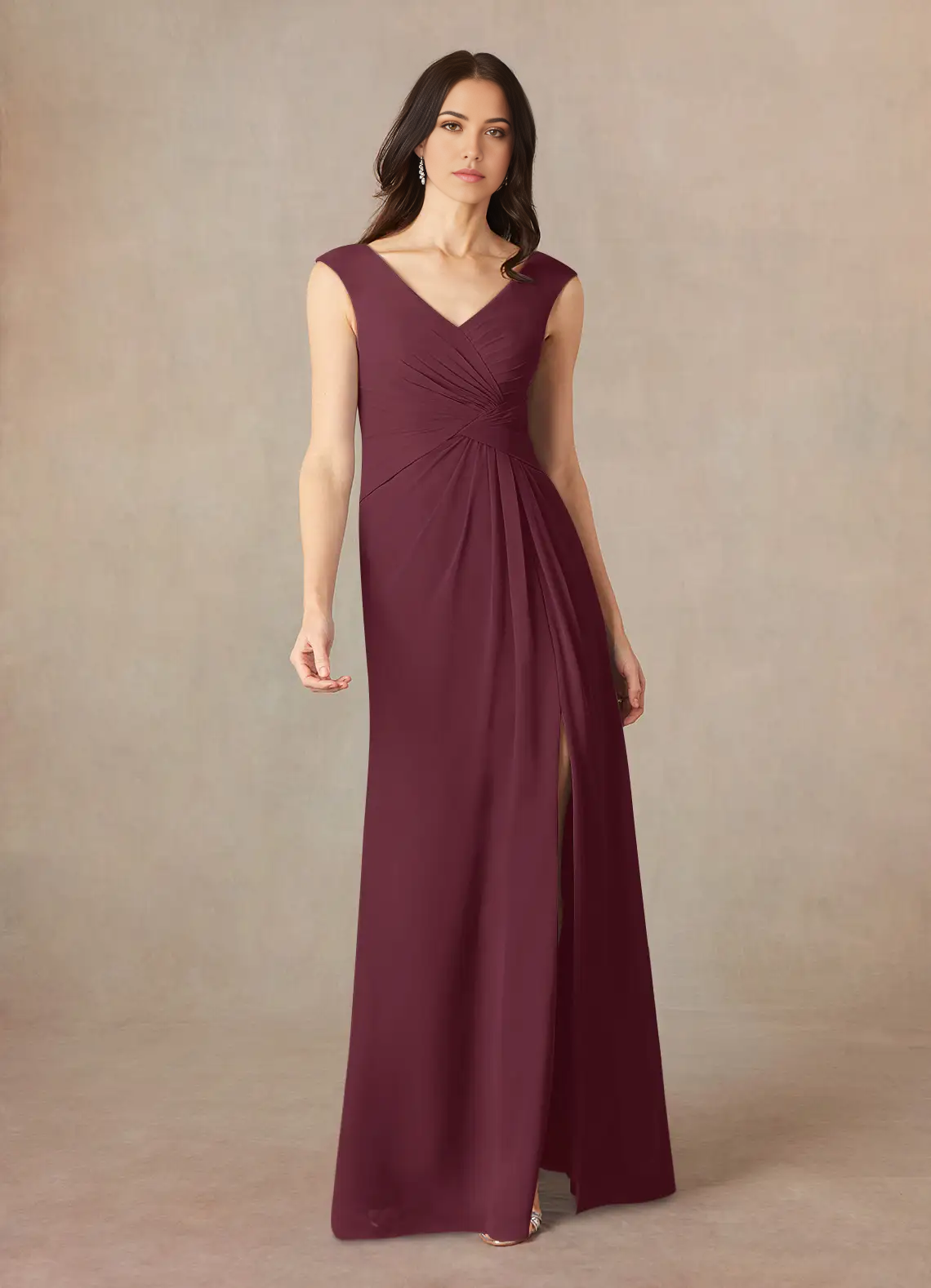 Woman wearing a Cabernet A-Line V-Neck pleated chiffon formal dress.