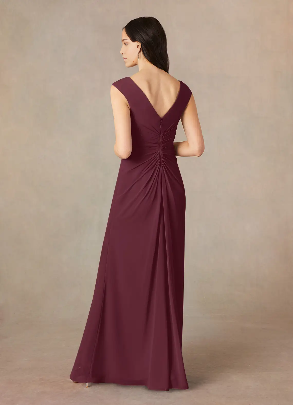 Side view of the Cabernet A-Line V-Neck pleated chiffon dress.
