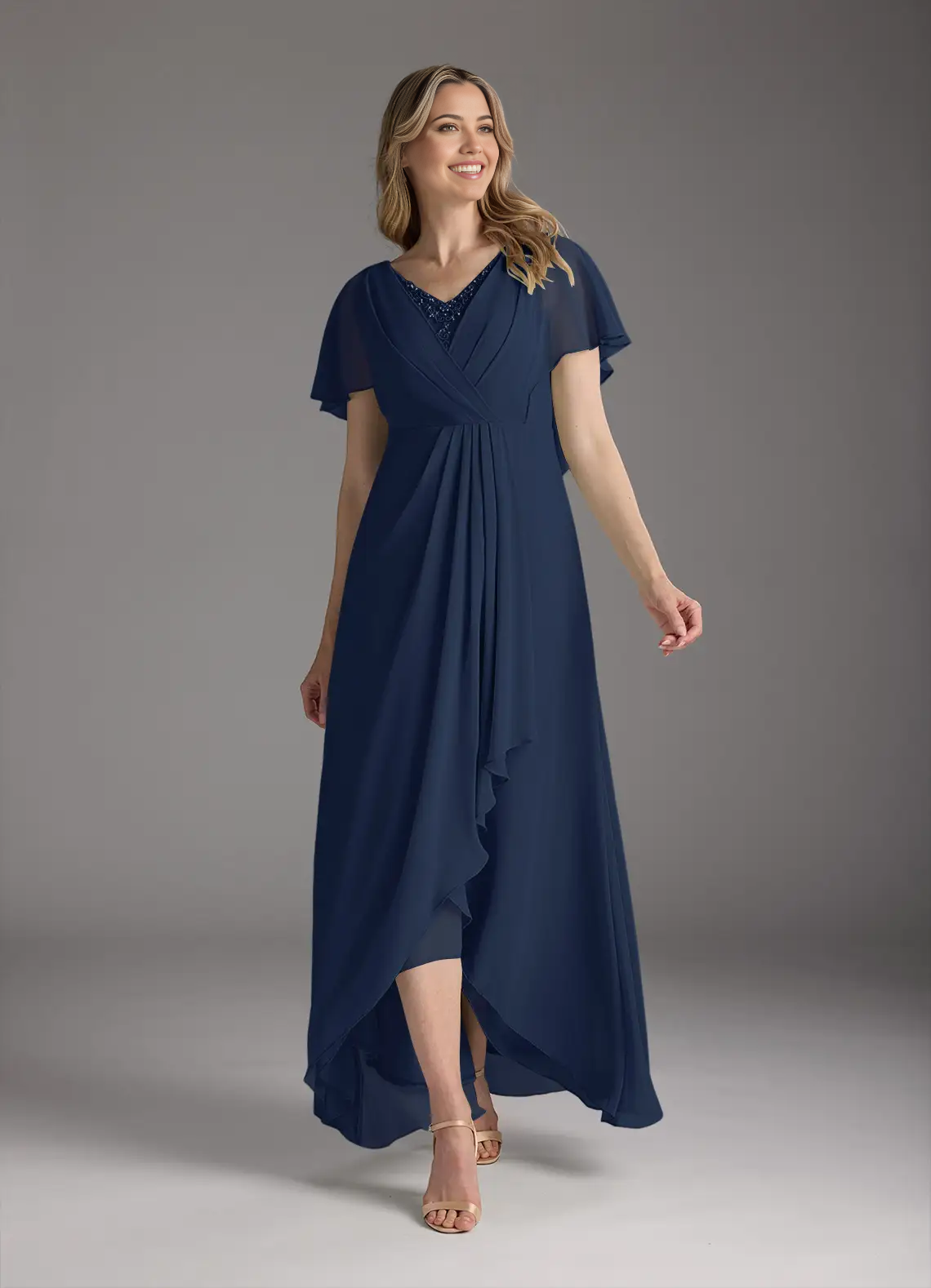 Dark navy A-line V-neck pleated chiffon formal dress.