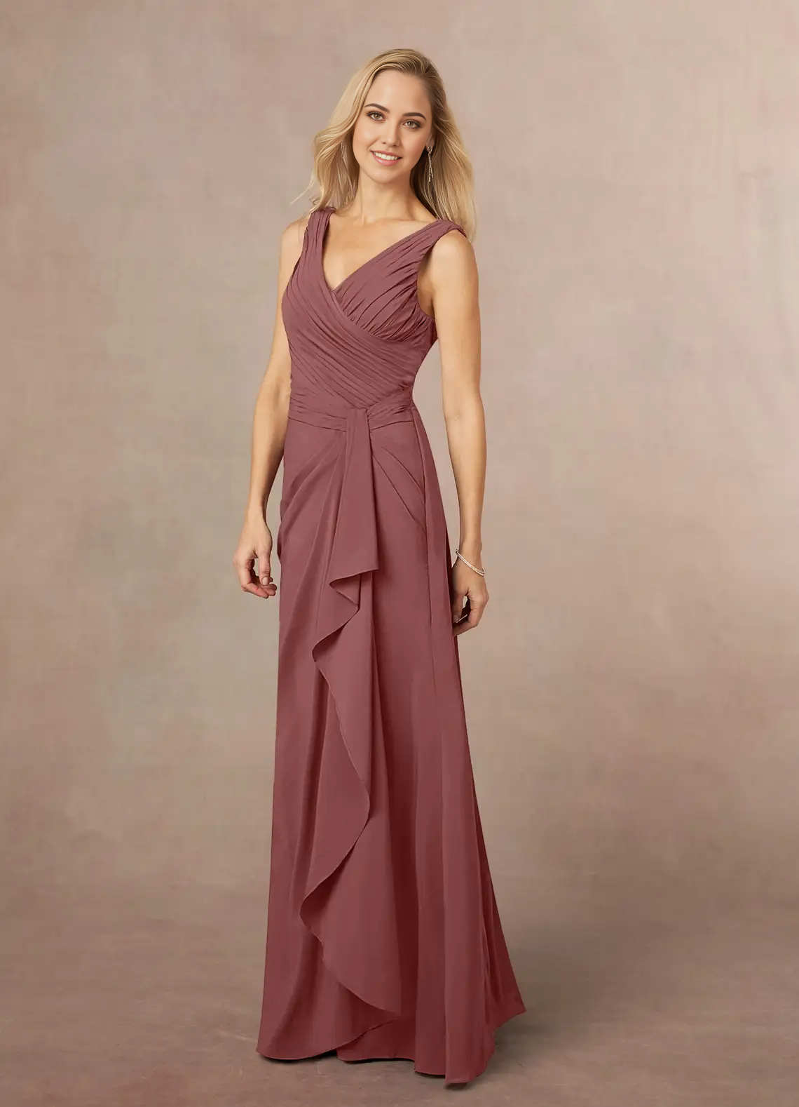 Full-length view of a Desert Rose A-line V-neck pleated chiffon dress.
