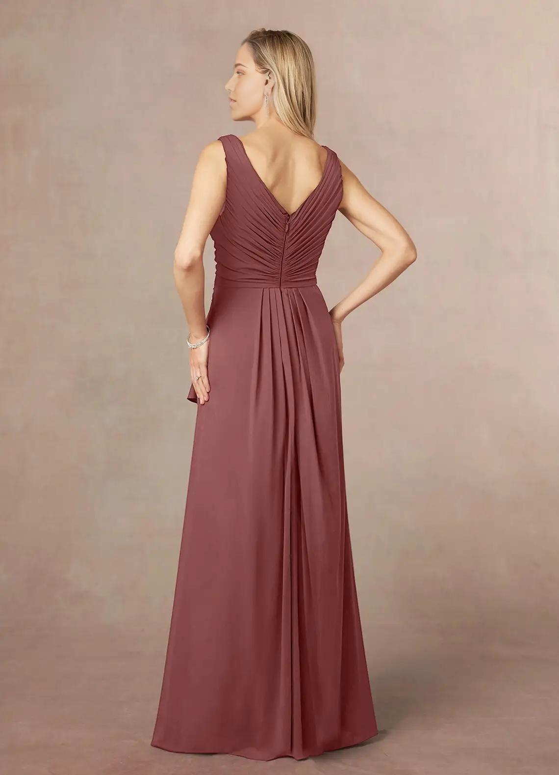 Side view of a Desert Rose A-line V-neck pleated chiffon dress.