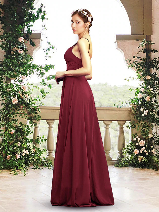 Back view of the pleated A-line chiffon bridesmaid dress with delicate spaghetti straps.
