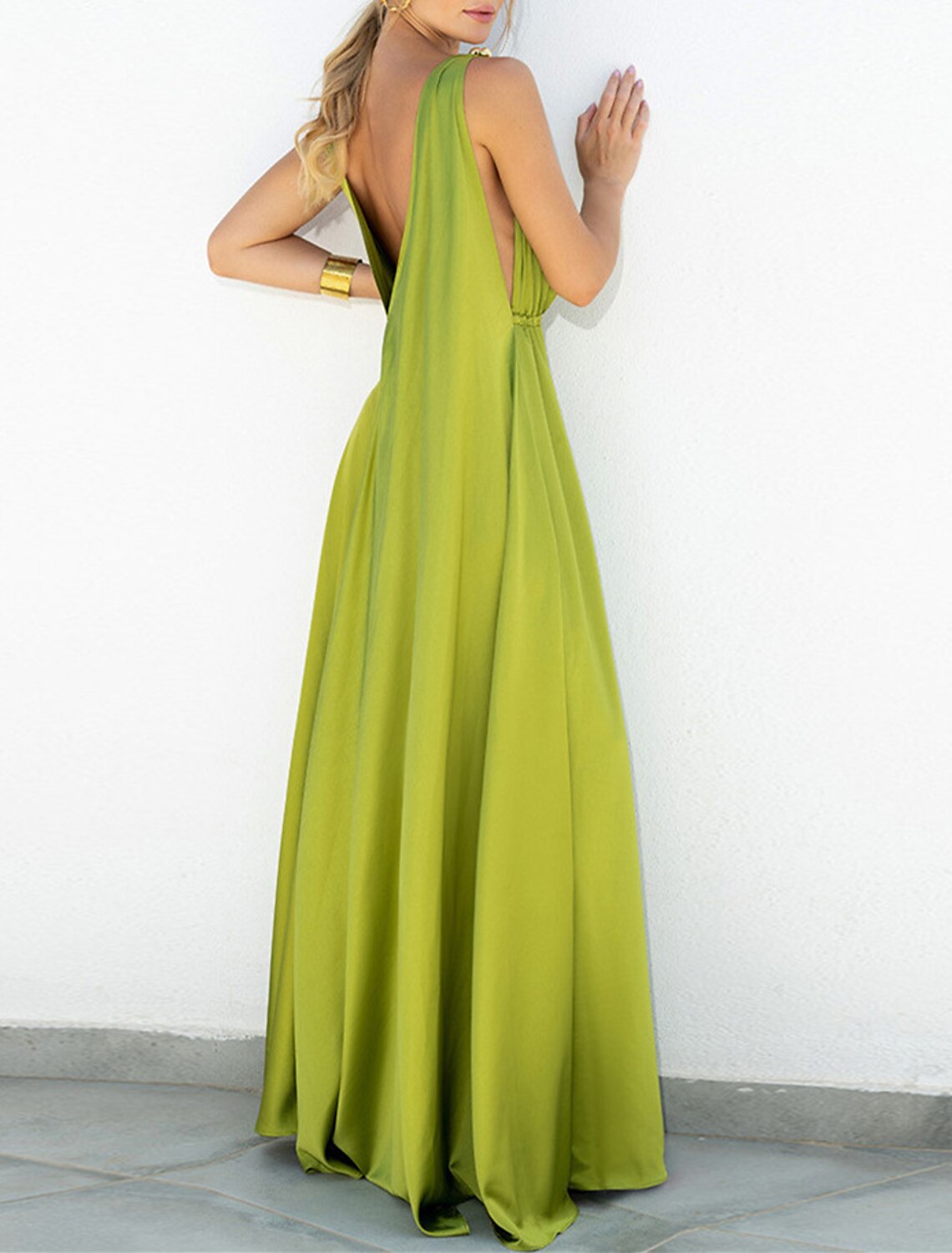 Back view of the sleeveless A-Line chiffon dress, showcasing the sweep train.
