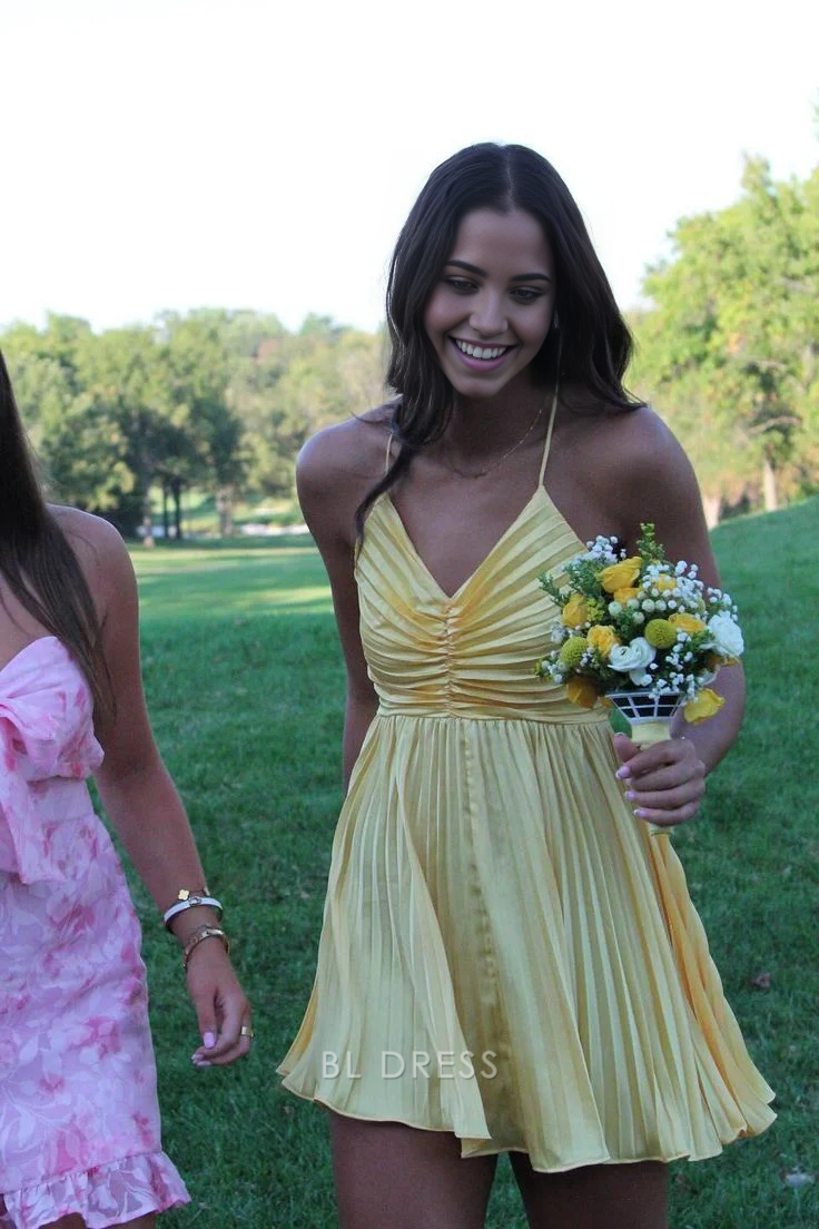 Elegant A-Line V-Neck pleated short formal dress.