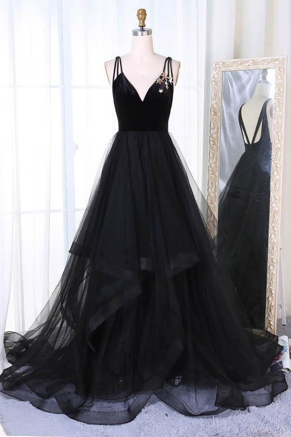 Elegant A-Line V-Neck prom dress in tiered tulle with a sweep train.