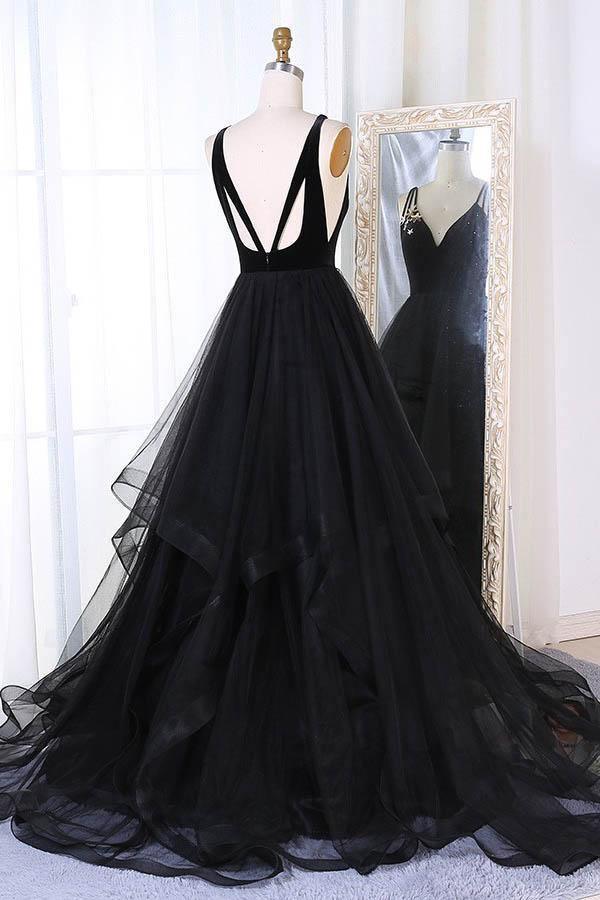 Back view of the A-Line V-Neck tulle prom dress showing the sweep train.