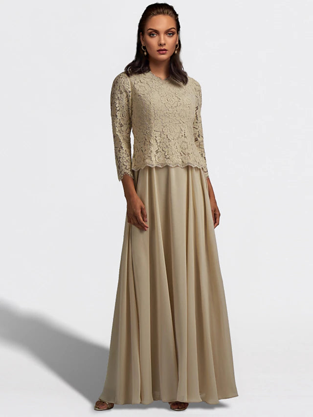 Elegant A-Line V-Neck plus size mother of the bride dress with chiffon and lace details.