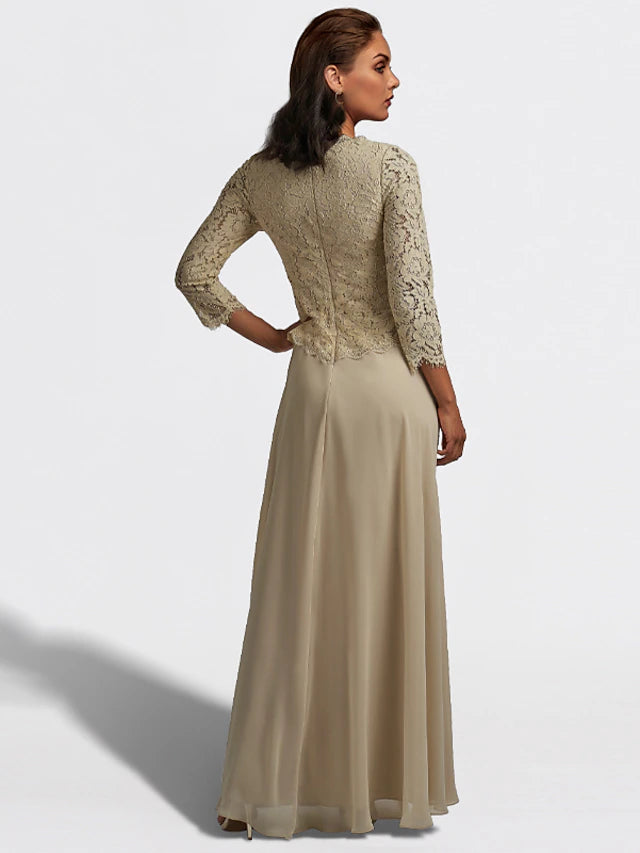 Elegant A-Line V-Neck plus size mother of the bride dress with chiffon and lace details.
