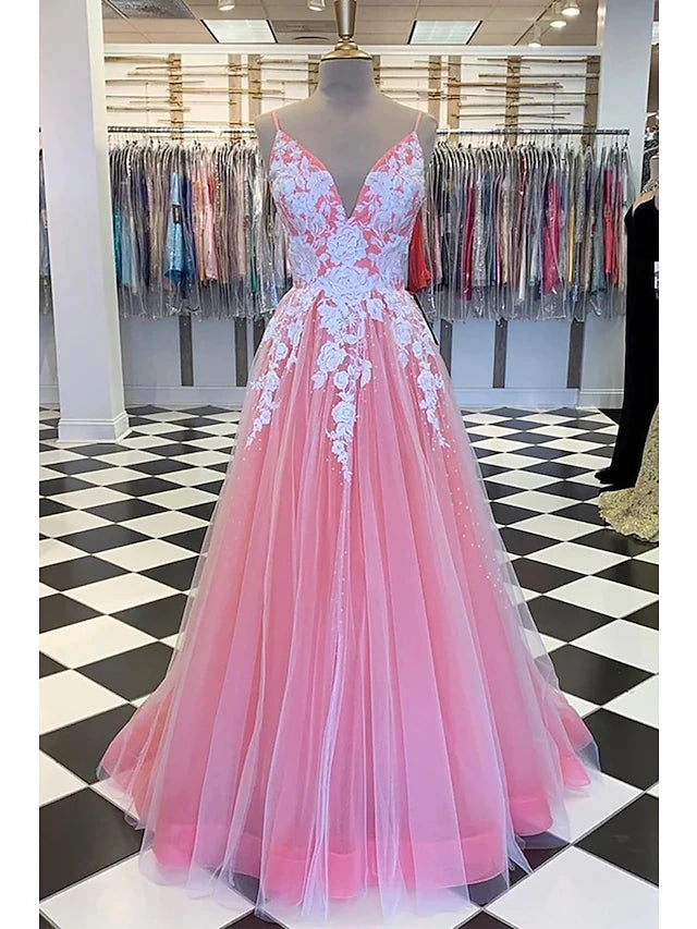 Elegant A-line V-neck prom dress with appliques and pleats.