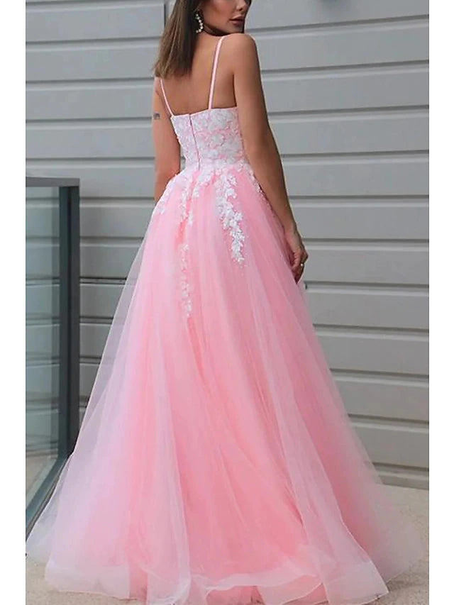 Back view of the floor-length tulle prom gown.