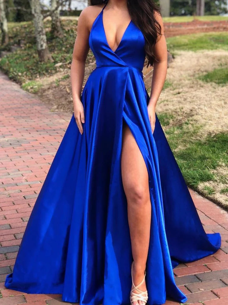 Elegant A-line V-neck prom dress with a high leg slit.
