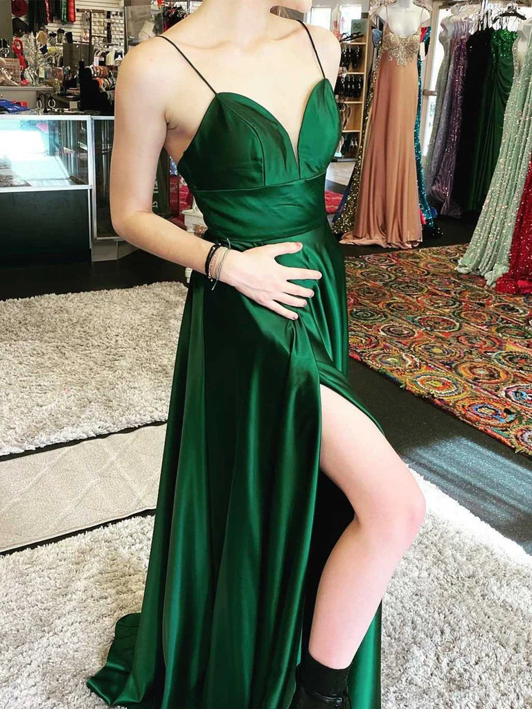 Elegant A-line V-neck prom dress with a high slit.