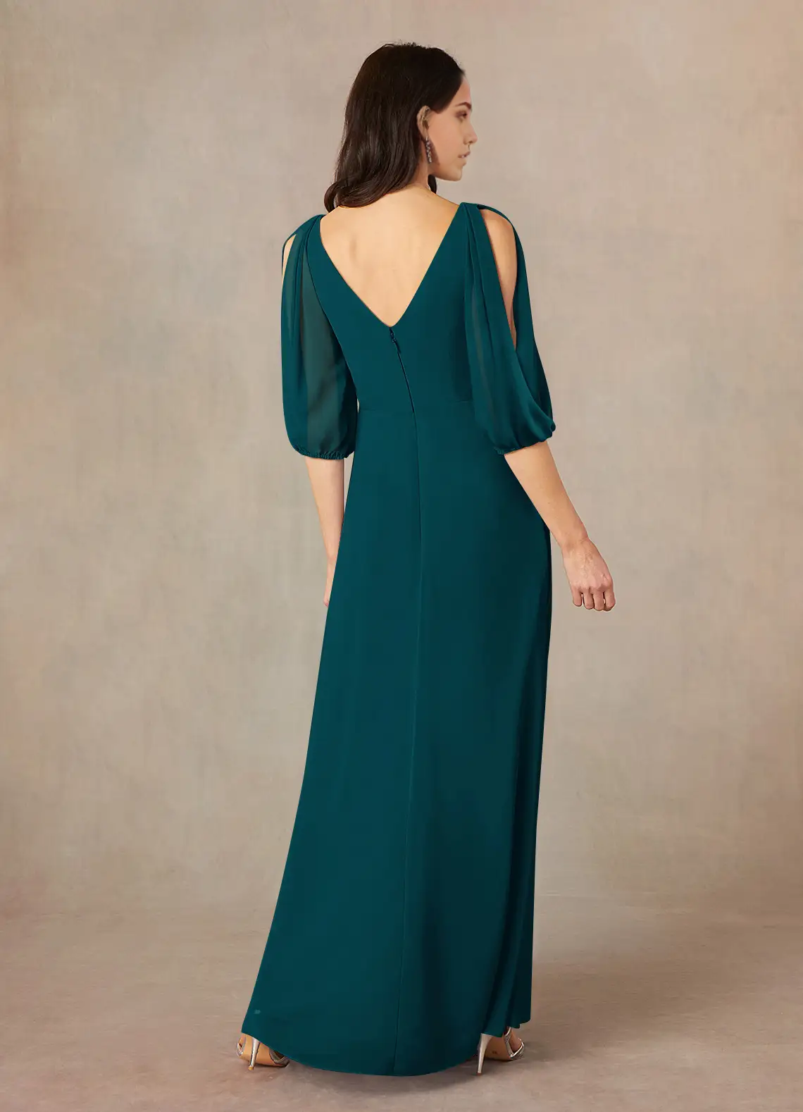 Back view of A-line V-neck ruched chiffon evening gown.