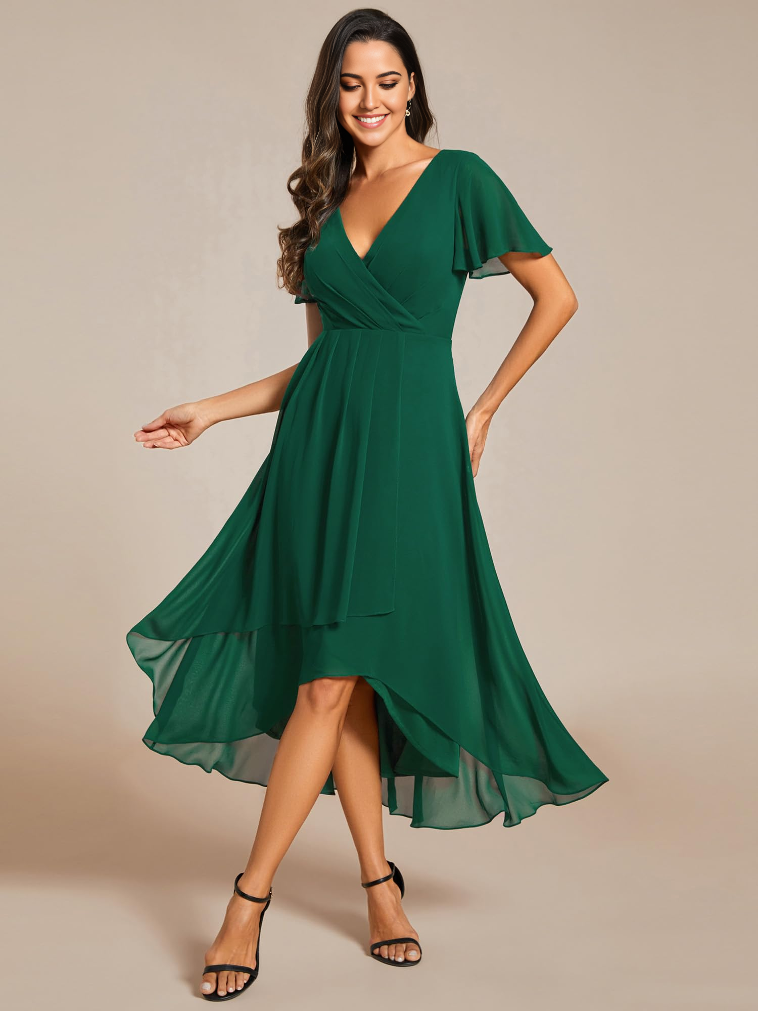 Elegant A-Line V-Neck ruffle sleeve high-low formal dress.