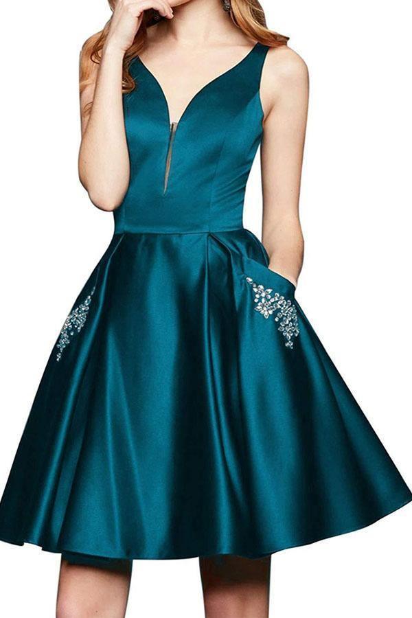 Side view of the elegant A-line satin homecoming dress.