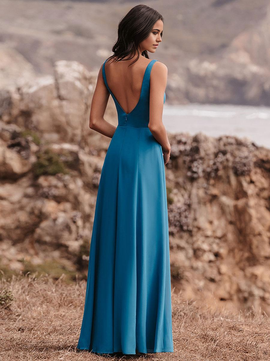 Full view of the A-line satin V-neck floor-length bridesmaid dress.