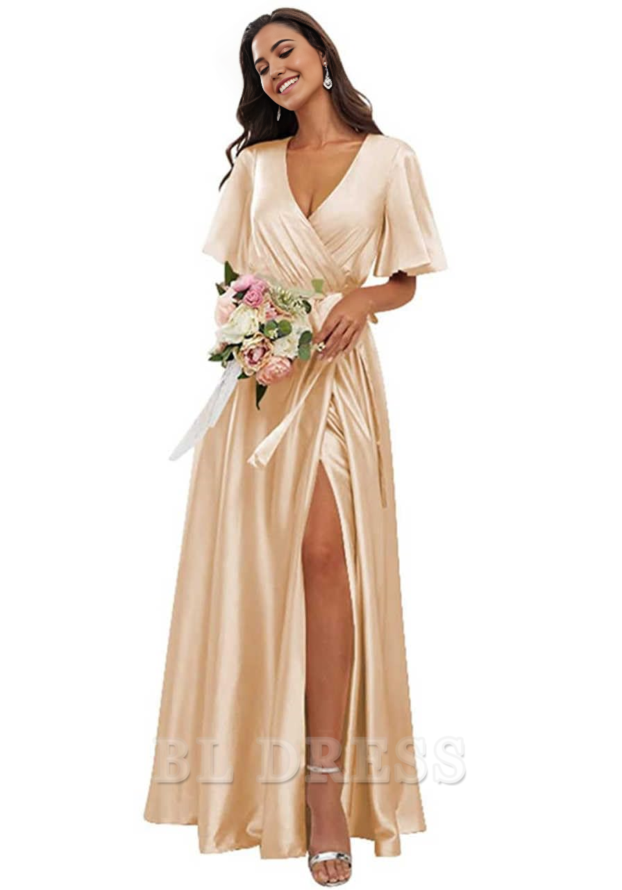 Woman posing in a sophisticated V-neck satin bridesmaid dress.