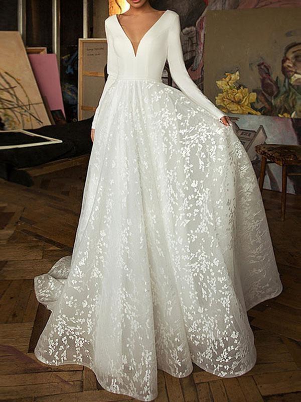 Elegant A-line V-neck wedding dress made of satin and lace, featuring long sleeves and covered buttons.