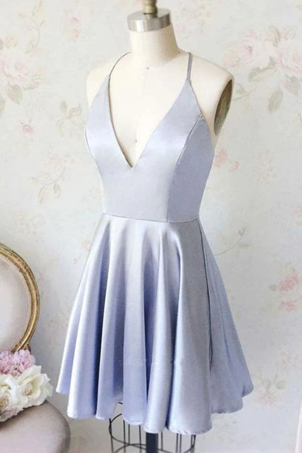 Light blue A-line V-neck satin homecoming dress with pockets.