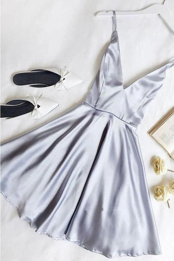 Elegant light blue A-line V-neck satin homecoming dress.