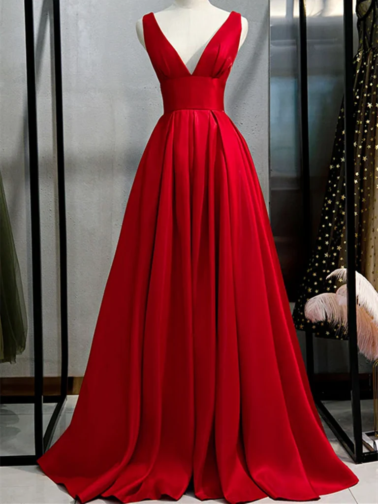 Elegant navy blue satin V-neck A-line long prom dress.