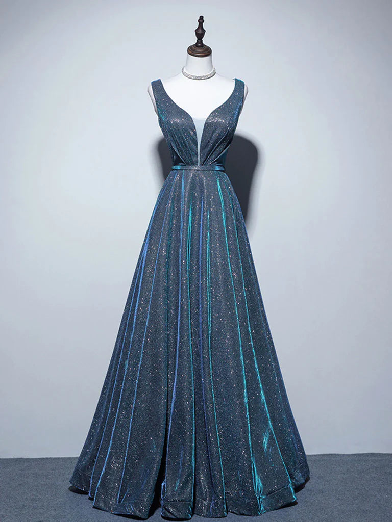 Elegant A-line V-neck satin long prom dress.