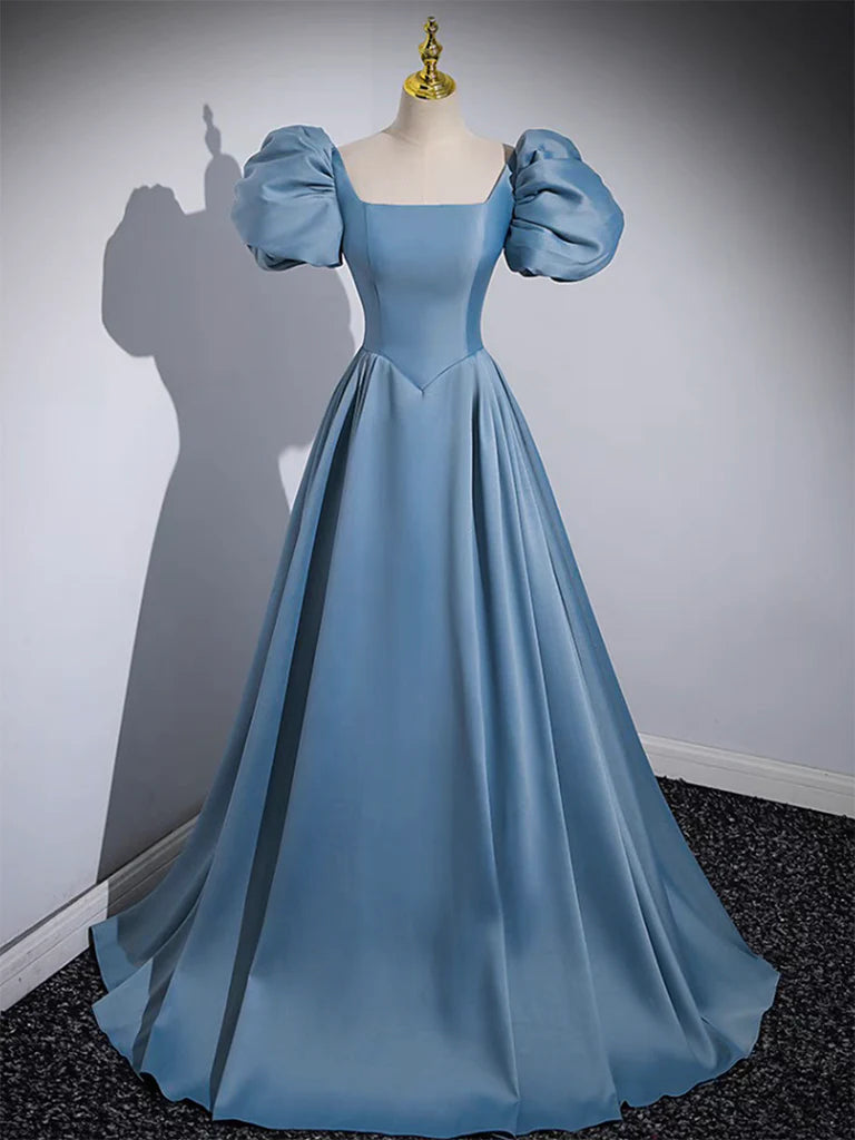 Elegant navy blue A-line satin long prom dress with V-neck and spaghetti straps.