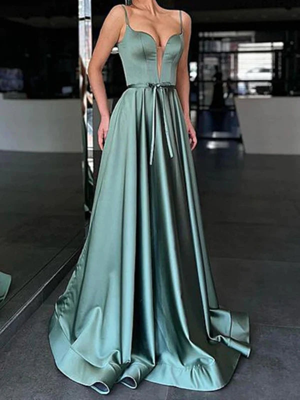 Elegant A-line V-neck satin long prom dress.