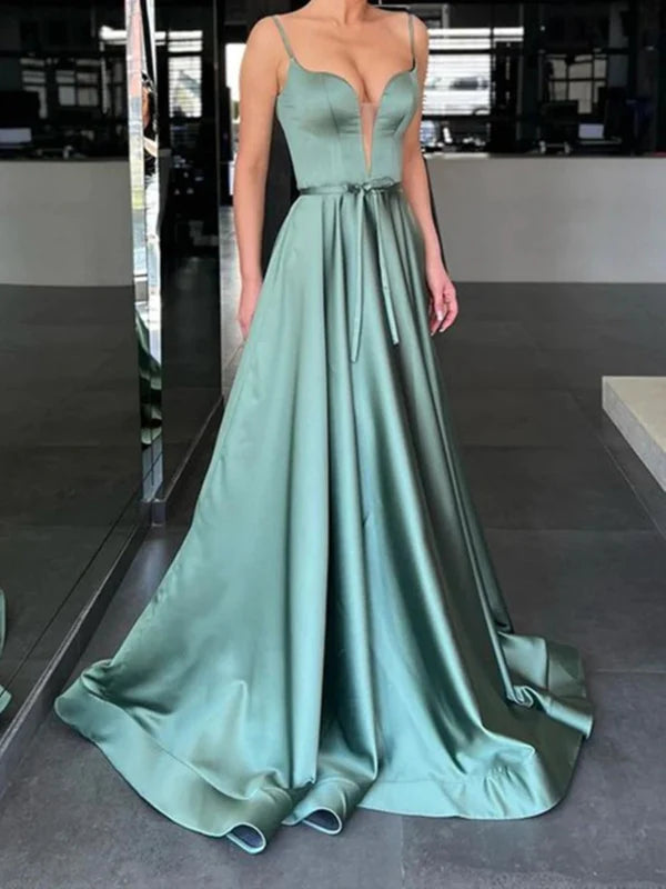 Full length view of an A-line V-neck satin long prom dress.