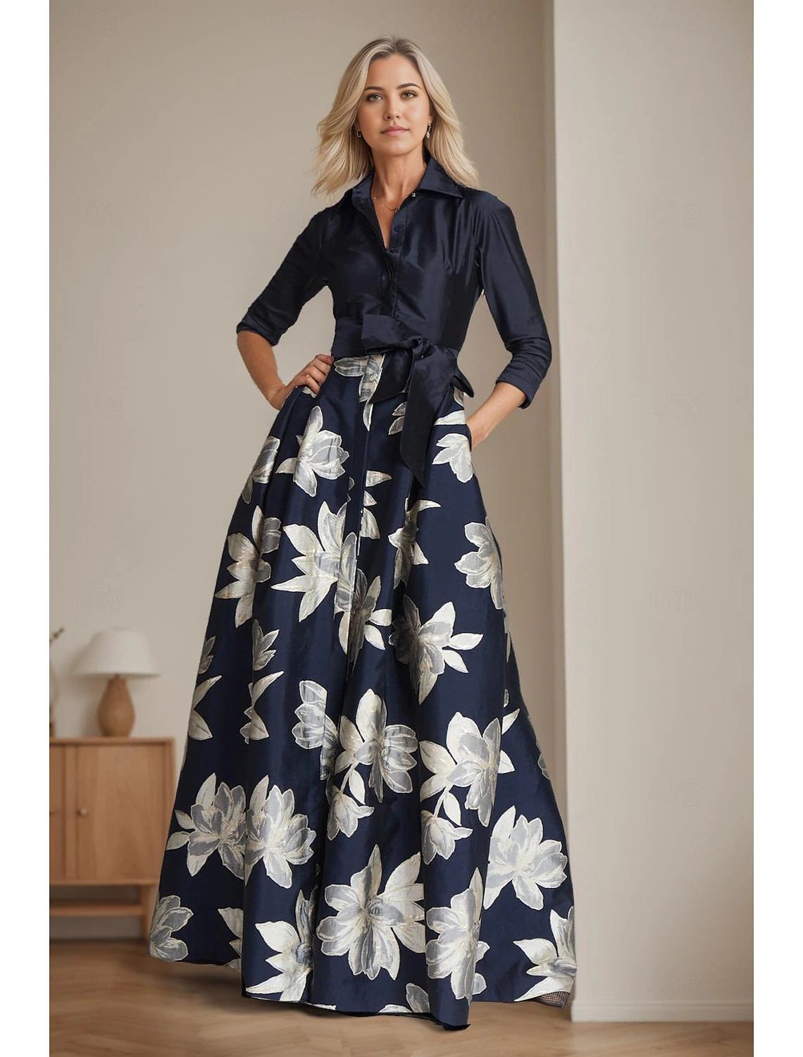 Elegant A-line satin Mother of the Bride dress with V-neck and 3/4 sleeves.