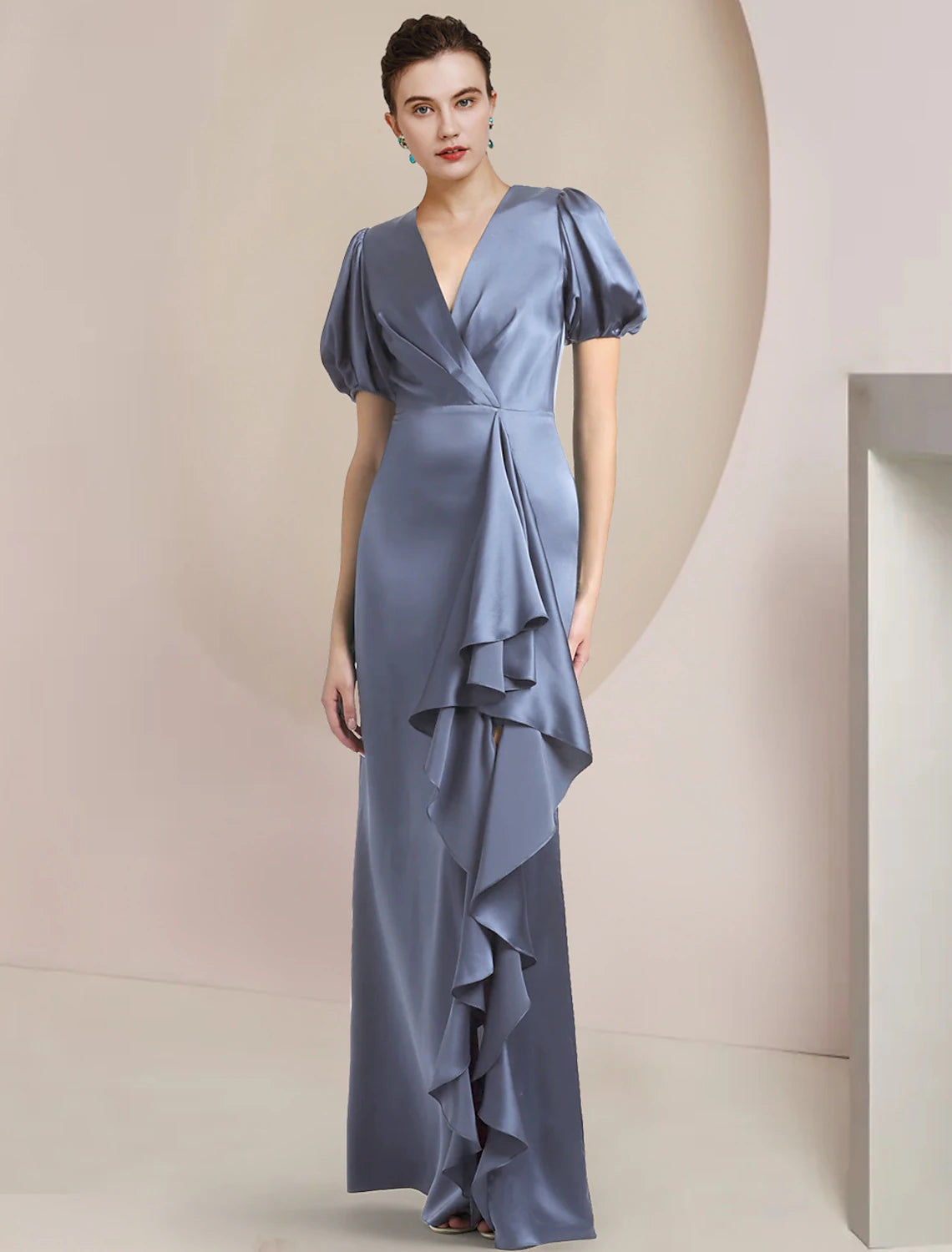 Elegant A-Line Mother of the Bride dress in satin with V-neck and short sleeves, featuring cascading ruffles.