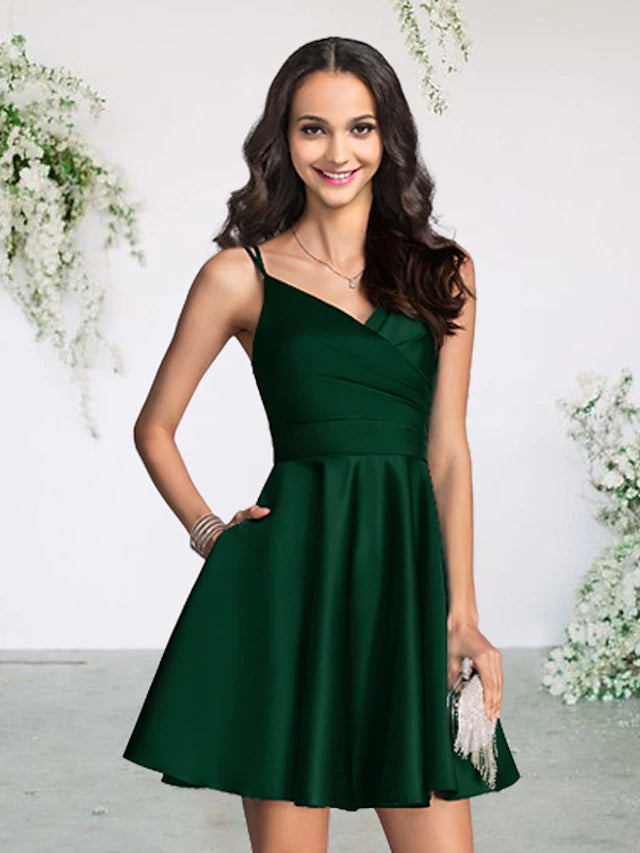 Side view of A-line V-neck satin mini dress with pleats.