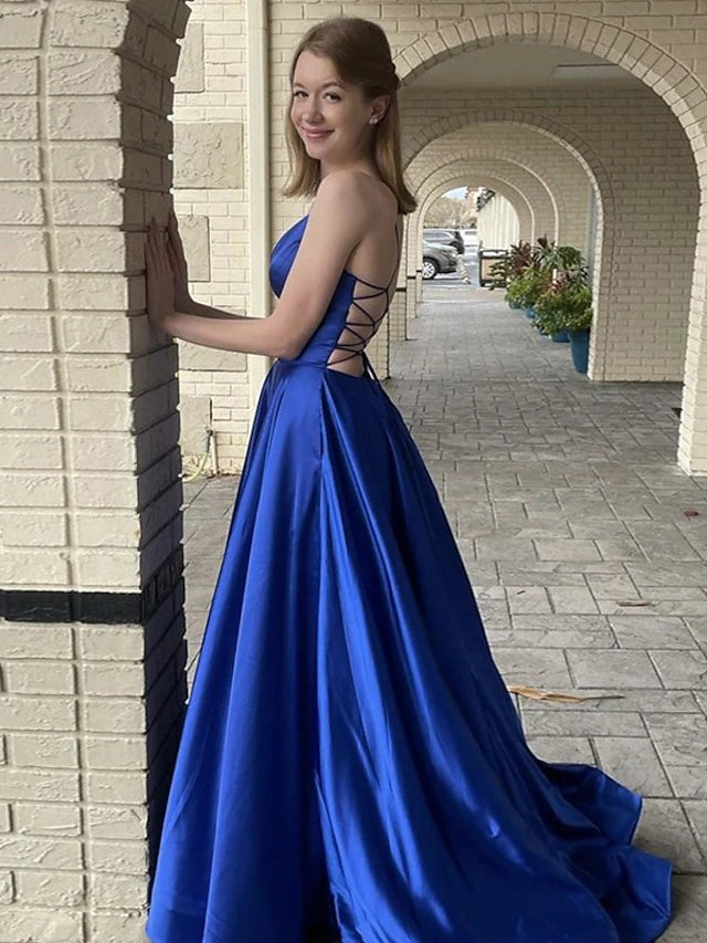 Back view of the A-Line V-neck satin prom dress showcasing its backless design.