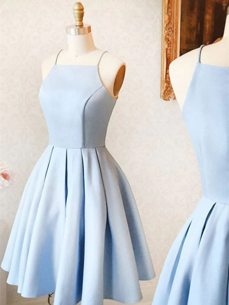 Model wearing a short A-line V-neck satin dress, suitable for prom or homecoming.