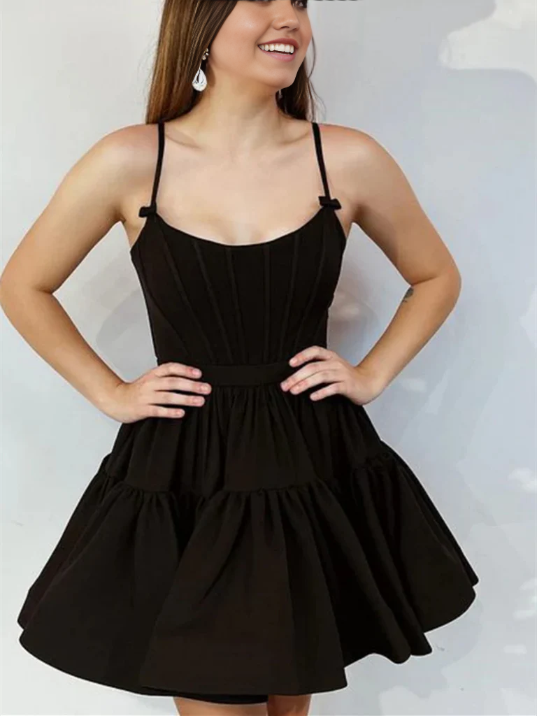 Model wearing an elegant A-line V-neck satin short prom dress.