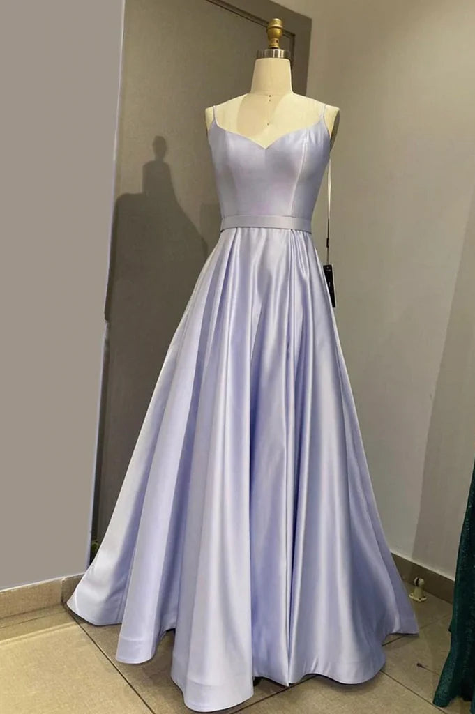 Sleeveless A-line V-neck satin formal dress.