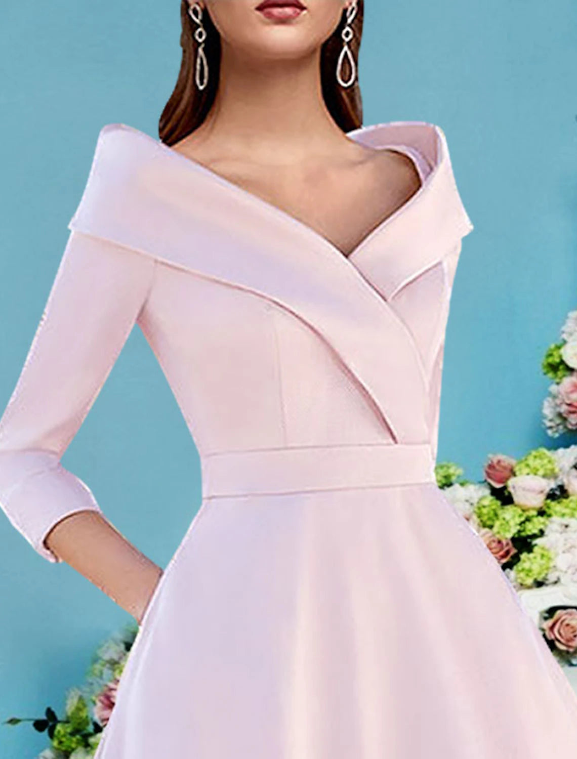 Full view of the A-line satin dress, suitable for fall weddings.