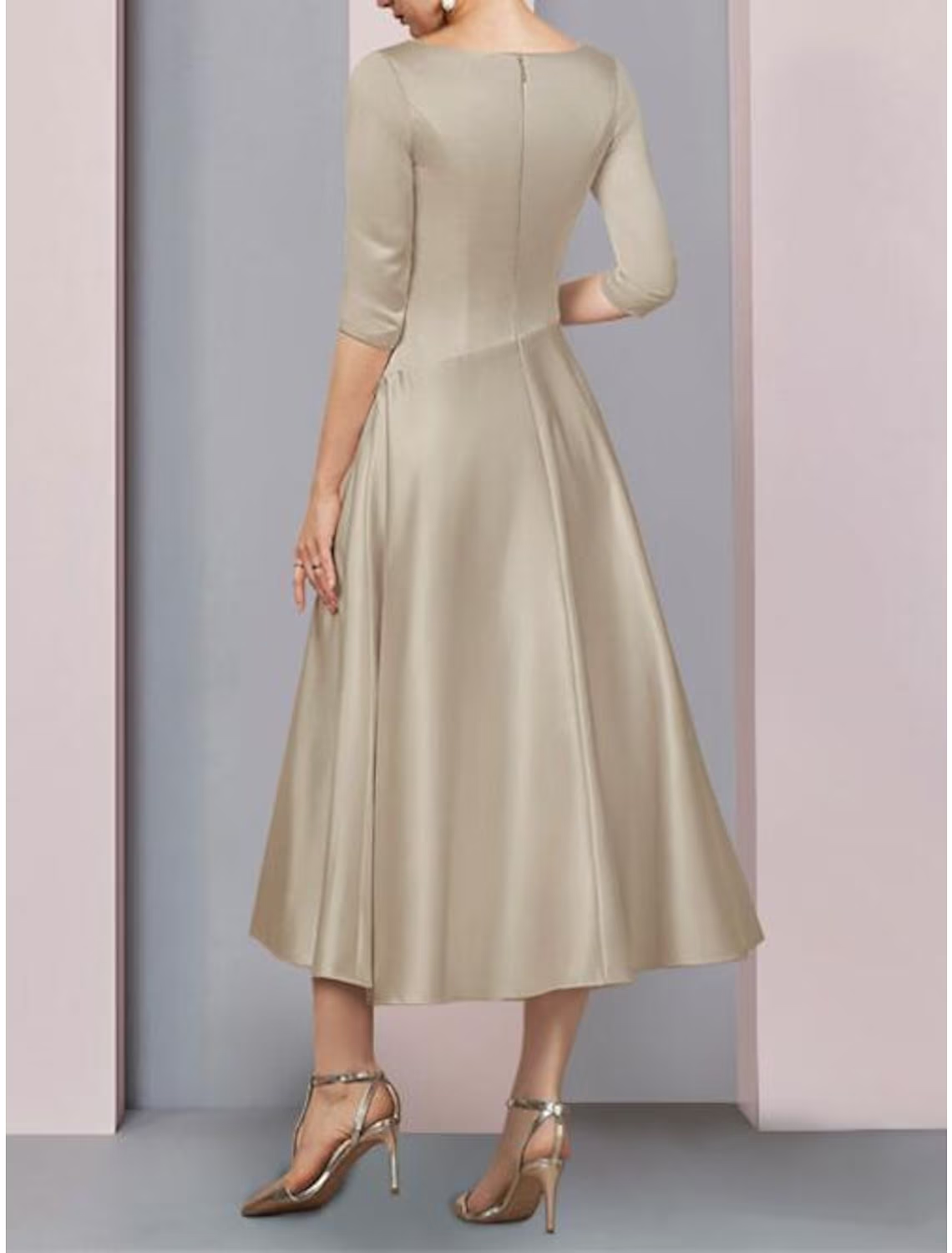 Back view of the A-Line satin Mother of the Bride dress with pleats.