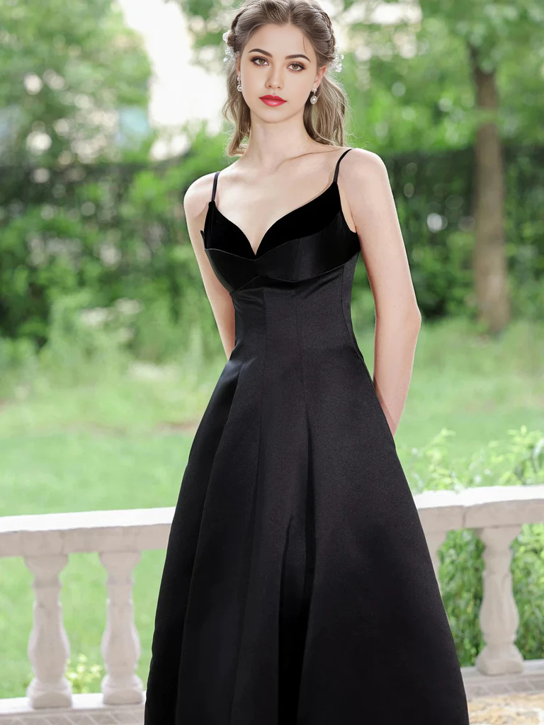 Elegant A-line V-neck satin tea length dress.
