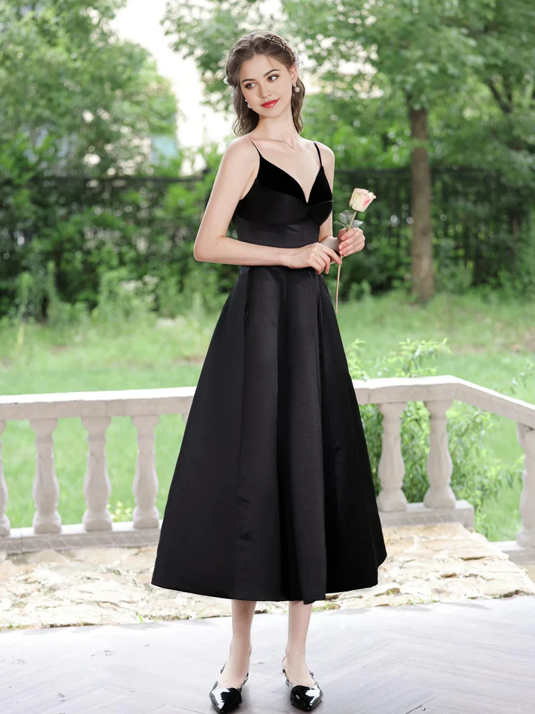 Back view of the satin tea length formal dress.